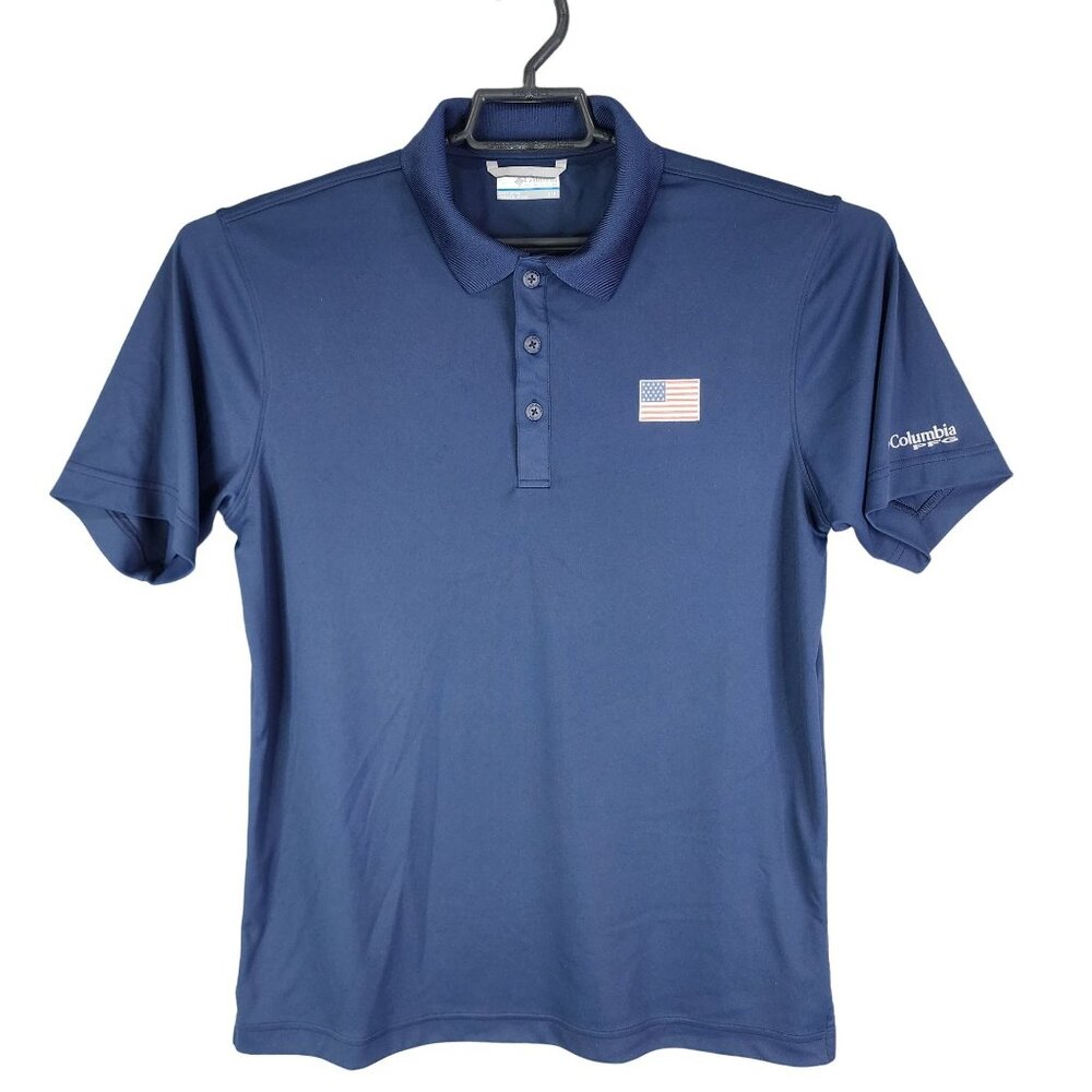 Mens Navy Blue Columbia PFG Polo Shirt American Flag Patch Short Sleeve Size S